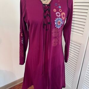 Women’s Lace-Up Long Sleeve Dress in Deep Magenta